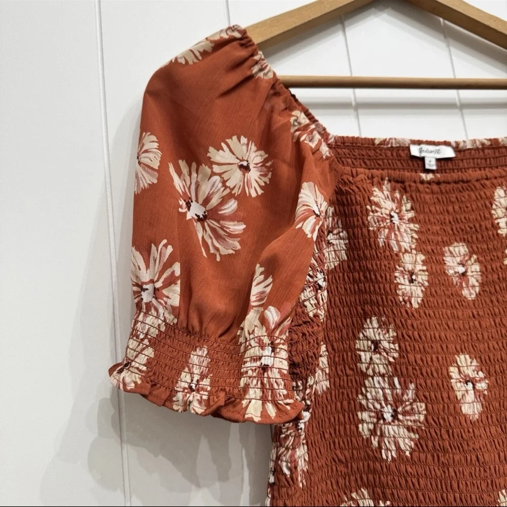 Madewell Georgette Lucie Puff Sleeve Smocked Top Rust Floral Square Neck Size M